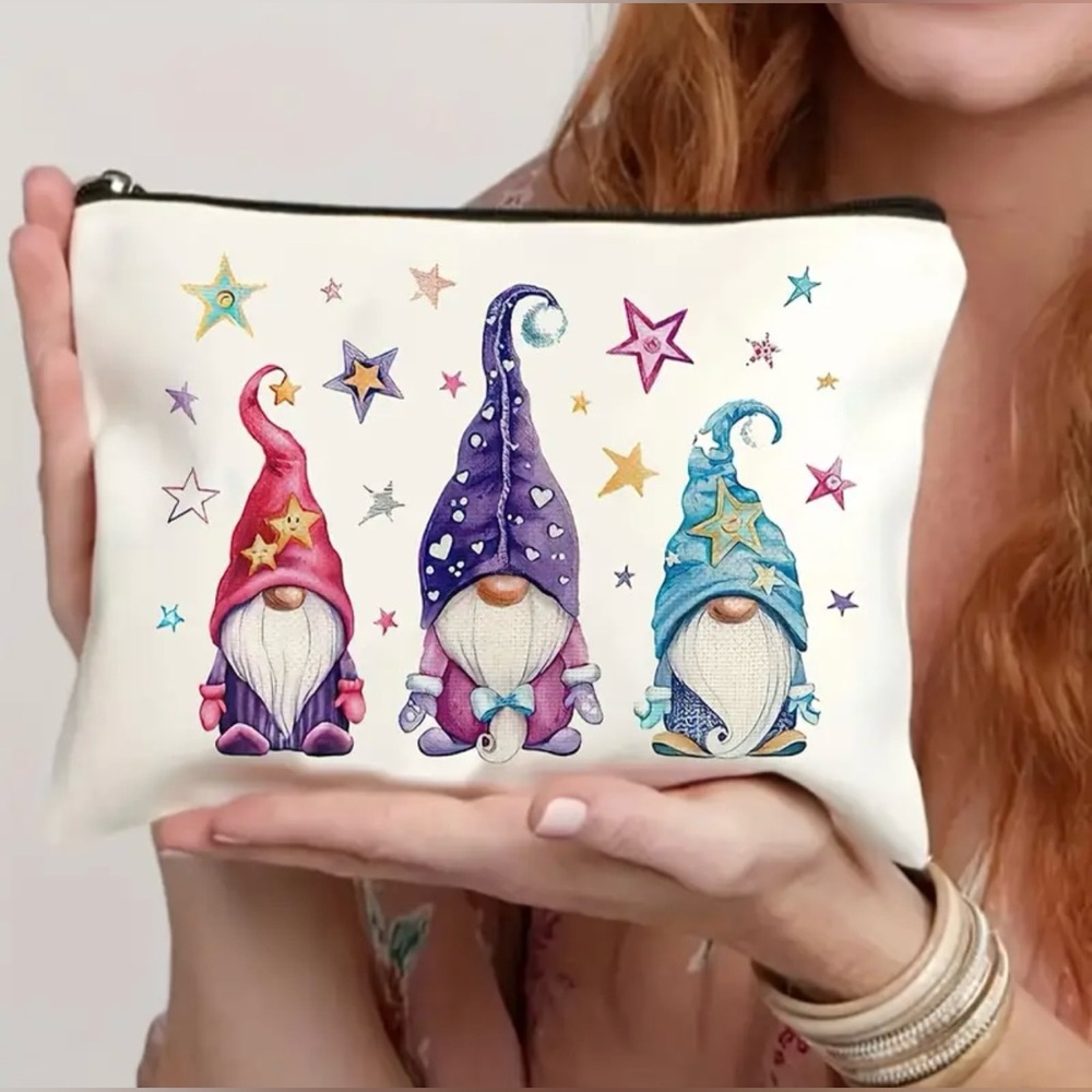 NEW Canvas Toiletry / Cosmetic / Travel bag, one size, zipper bag, cute gnomes